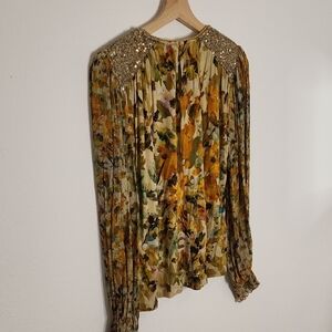 Anthropologie Floral Sequin Blouse in Gold and Cream